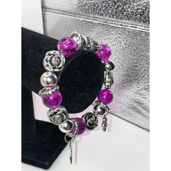 Purple Crystals Silver-Tone Beaded Charm Bracelet! - Picture 5 of 7